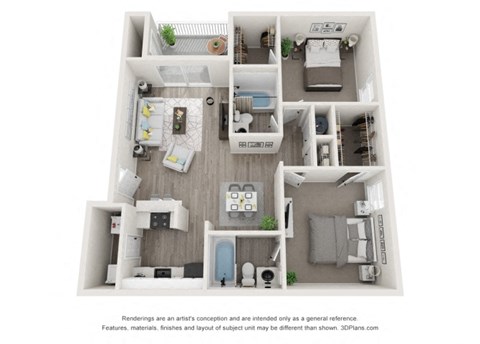 Floor plan for 2 beds, 2 baths, 925 sqft